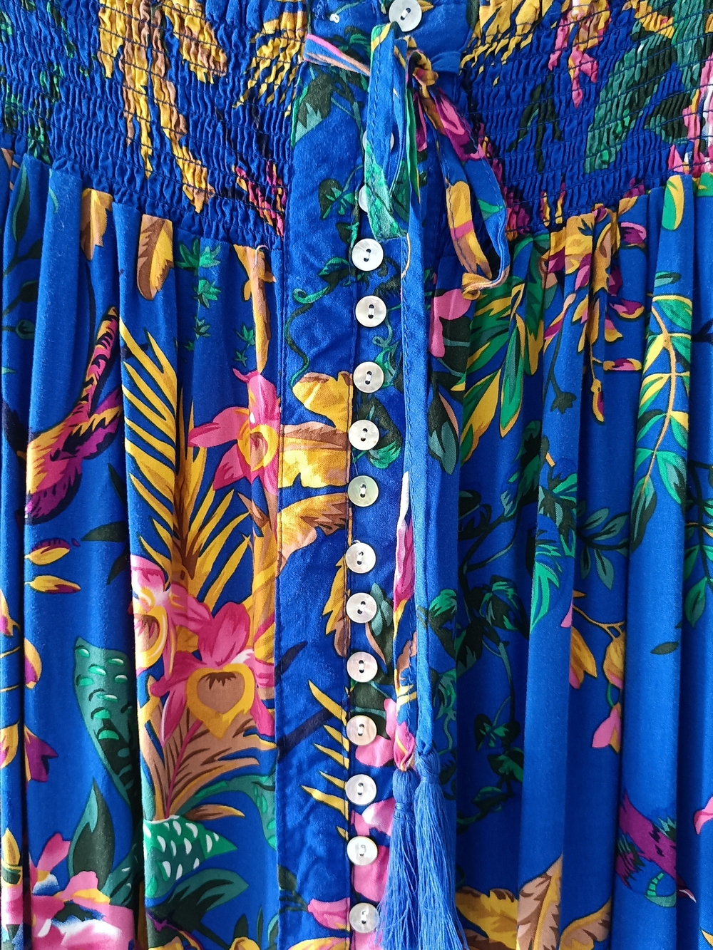 Blue Tropical Button-Front Resort Maxi Skirt Middle Slit Tassels Cynthia Rowley - Picture 3 of 6